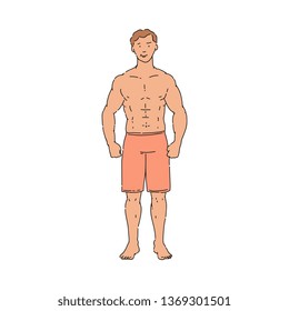Vector muscular handsome man standing with confidence topless with fit body. Athletic male character, sportsman and healthy lifestyle. Mascular fitness man, workouter sketch icon.