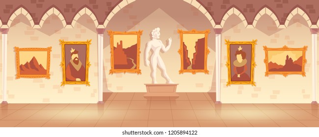 Vector museum exhibition of paintings on walls and antique statue, art gallery in medieval palace. Empty castle hall or ballroom with collection of pictures, interior inside. Cartoon game background