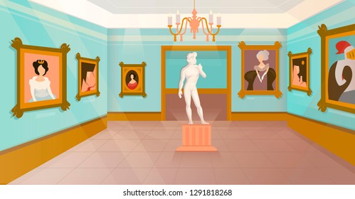 Vector museum exhibition of paintings on walls and antique statue.