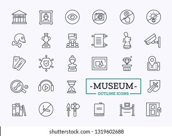 Vector Museum Icon Set. Gallery Navigation Signs. Related Symbols Of Sculpture, Picture, Art, Ticket, Relic, Fossil