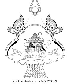 vector mushroom background ,page for coloring.a monochrome pattern of mushroom and butterflies .