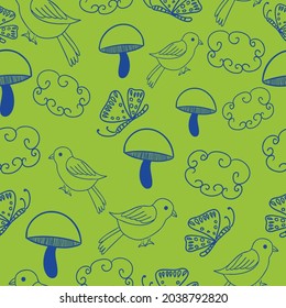 Vector mushroom bird green background seamless pattern.Perfect for wallpaper,gift wrapping paper,scrapbooking and fabric projects.