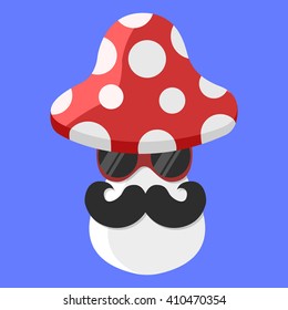 Vector mushroom cartoon with glasses and mustache isolated icon.