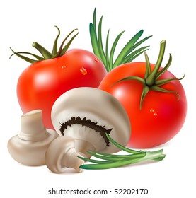 Vector. Mushroom champignon and ripe tomatoes.