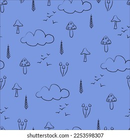 Vector mushroom, clouds and birds pattern for design and decorayion
