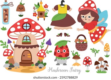 Vector mushroom fairy clipart set. Cute icons of little girl with wings. Woodland princess collection. Fantasy, fairytale forest illustrations. Magic creature pack with basket, house, potion
