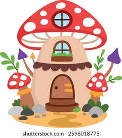 Vector mushroom fairy house icon isolated on white background. Woodland princess home clipart. Fantasy forest cottage illustration. Magic fairytale dwelling with roof shaped as toad stool
