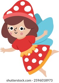 Vector mushroom fairy icon isolated on white background. Cute little girl with wings. Woodland princess clipart. Fantasy forest fay illustration. Magic fairytale creature in red toad stool dress, hat