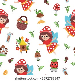 Vector mushroom fairy seamless pattern. Cute repeat background with little girl. Woodland princess digital paper. Fantasy forest, magic garden texture with fairytale creature, basket, leaf, potion
