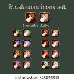 Vector mushroom game buttons, active and disabled mode. Game design elements on brown frame. 