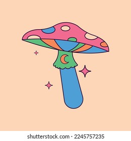Vector Mushroom Icon. Groovy Cartoon Vintage Fly Agaric with Moon and Stars on Beige Background. Hippie Trendy Aesthetic Design, Geometric. Retro Style 70s, 80s.