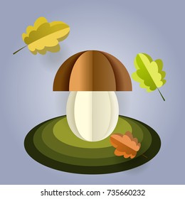 Vector mushroom from paper with falling leaves.