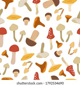 Vector mushroom pattern, forest wildlife illustrations, chanterelle, flywheel, boletus, toadstool, fungus. Seamless modern pattern. Autumn textile pattern