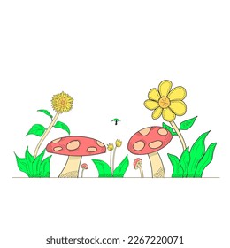 Vector mushroom plants and flowers with flying ants with leaves