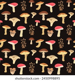 Vector mushroom seamless pattern on brown background. Ideal for children's drawings, textiles, wrapping paper, scrapbooking.