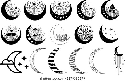 Vector mushroom mushroom silhouette mystical mushroom with moon and stars