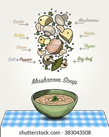 Vector Mushroom Soup in Bowl with Ingredients