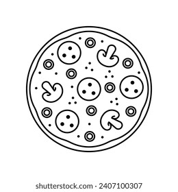 Vector mushroom whole tasty pizza fast food with Salami, cheese and mushroom, Delivery service fast food. Sketch with outline style. Outline sketch on white background.