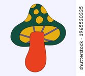 vector mushroom.Hippie funky groove cap mushroom. A psychedelic botanic in the style of the 60s and 70s. Print on clothes, poster, stickers. Freehand bizarre style. Childish hand drawn rainbow element