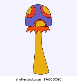 vector mushroom.Hippie funky groove cap mushroom. A psychedelic botanic in the style of the 60s and 70s. Print on clothes, poster, stickers. Freehand bizarre style. Childish hand drawn rainbow element