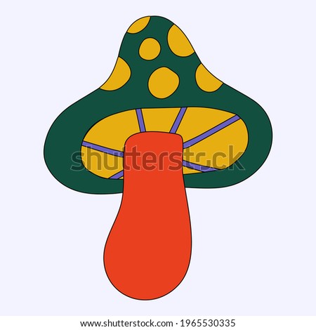 vector mushroom.Hippie funky groove cap mushroom. A psychedelic botanic in the style of the 60s and 70s. Print on clothes, poster, stickers. Freehand bizarre style. Childish hand drawn rainbow element
