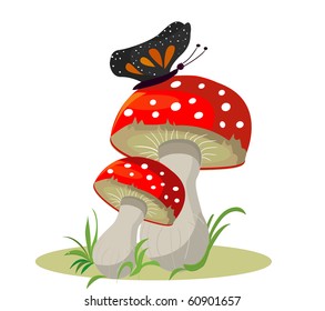 Vector. Mushrooms with butterfly