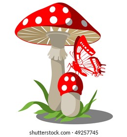 Vector. Mushrooms with butterfly set 004