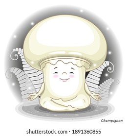 Vector Mushrooms isolated on white. Funny character design in a cartoon style. Edible mushroom champignon. Print for childrens clothes