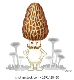 Vector Mushrooms isolated on white. Funny character design in a cartoon style. Edible mushroom morel. Print for childrens clothes