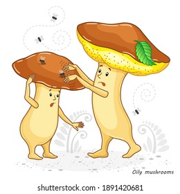 Vector Mushrooms isolated on white. Funny character design in a cartoon style. Edible mushroom champignon. Print for childrens clothes
