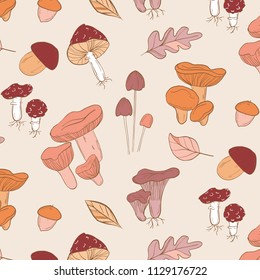 Vector mushrooms pattern. Modern brown orange pastel mushrooms line art. White mushroom, chanterelles, fly agarics, acorn autumn illustration. Food texture background.