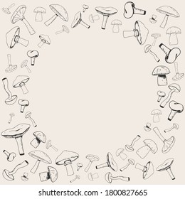 Hongos vectoriales en marco redondo. Esquema. Ilustración vectorial. Imágenes prediseñadas para tarjeta web, afiche, portada. 