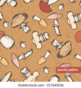 vector mushrooms seamless pattern. It can be used for fabric design, wrapping paper, wallpaper, cover, menu, card.