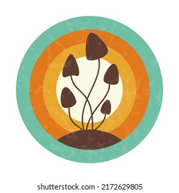 Vector mushrooms silhouette in retro style. Groovy print for graphic tee. Template for poster, sticker, banner, t-shirt, icon, label, flyer, badge