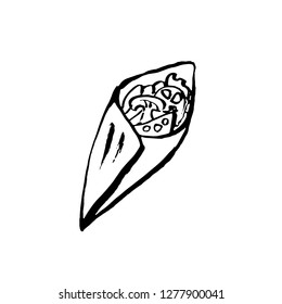 Vector mushrooms and vegetables roll. Fast food meal. Doner kebab ink illustration