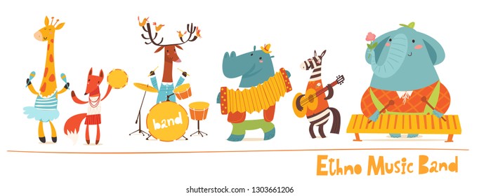 Vector music animals band characters. Vector musitians, cartoon animals playing music. Ethno music concert card