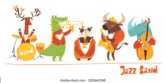 Vector music animals band characters. Vector musitians, cartoon animals playing music. Jazz concert card