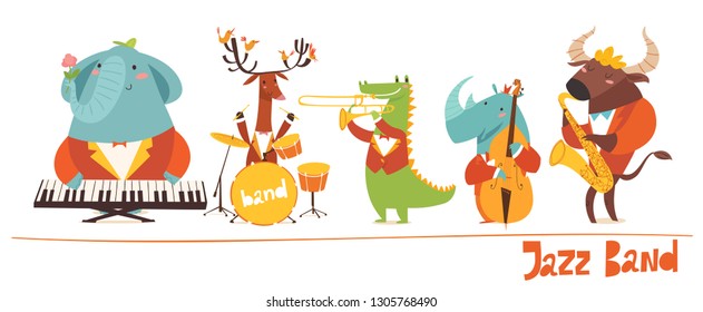 Vector music animals band characters. Vector musitians, cartoon animals playing music. Jazz concert card