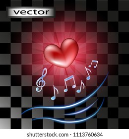 Vector music background, heart-love music with notes isolated on transparent background.