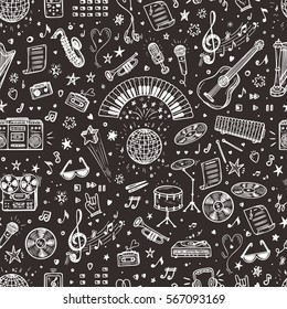 Vector Music background. Seamless pattern with Hand drawn doodle Musical Instruments, Retro musical equipment.
