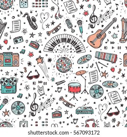 Vector Music background. Seamless pattern with Hand drawn doodle Musical Instruments, Retro musical equipment.
