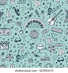 Vector Music background. Seamless pattern with Hand drawn doodle Musical Instruments, Retro musical equipment.
