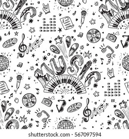 Vector Music background. Seamless pattern with Hand drawn doodle Word Music and Musical Symbols.