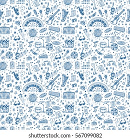 Vector Music background. Seamless pattern with Hand drawn doodle Musical Instruments, Retro musical equipment.
