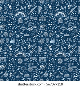 Vector Music background. Seamless pattern with Hand drawn doodle Musical Instruments, Retro musical equipment.
