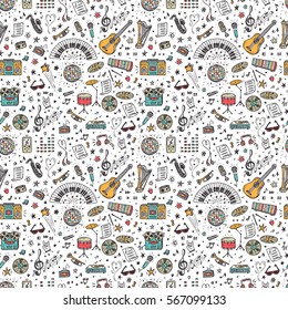 Vector Music background. Seamless pattern with Hand drawn doodle Musical Instruments, Retro musical equipment.

