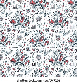 Vector Music background. Seamless pattern with Hand drawn doodle Word Music and Musical Symbols.