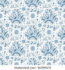 Vector Music background. Seamless pattern with Hand drawn doodle Word Music and Musical Symbols.