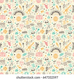 Vector Music background. Seamless pattern with Hand drawn doodle Musical Instruments, Retro musical equipment