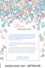 Vector music background. Set of music notes and treble clefs. Patches, stickers, embroidery and sticky labels. There is copy space for your text.
